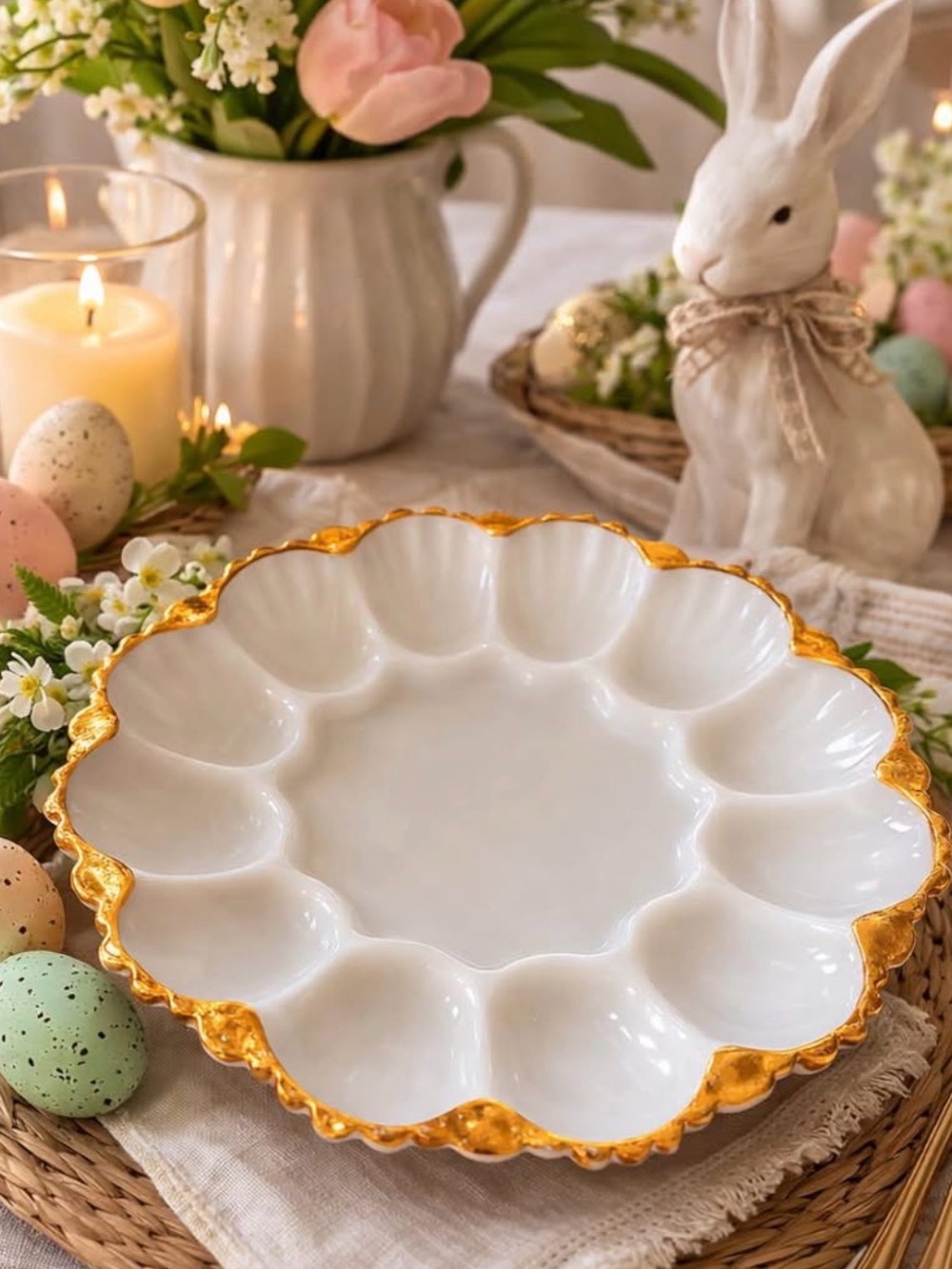 Anchor Hocking vintage White and Gold Deviled Egg Serving Platter